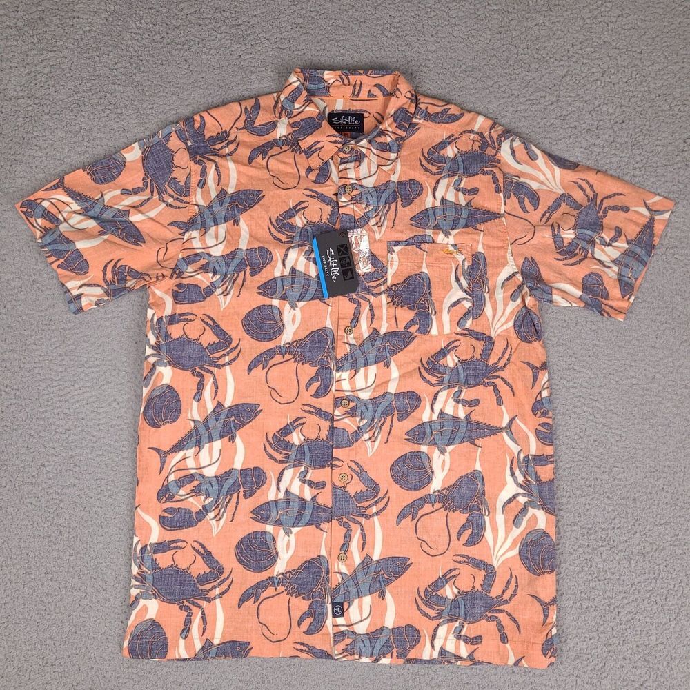 Salt Life Shirt Mens Medium Orange Short Sleeve Hawaiian Print Button Up Camp